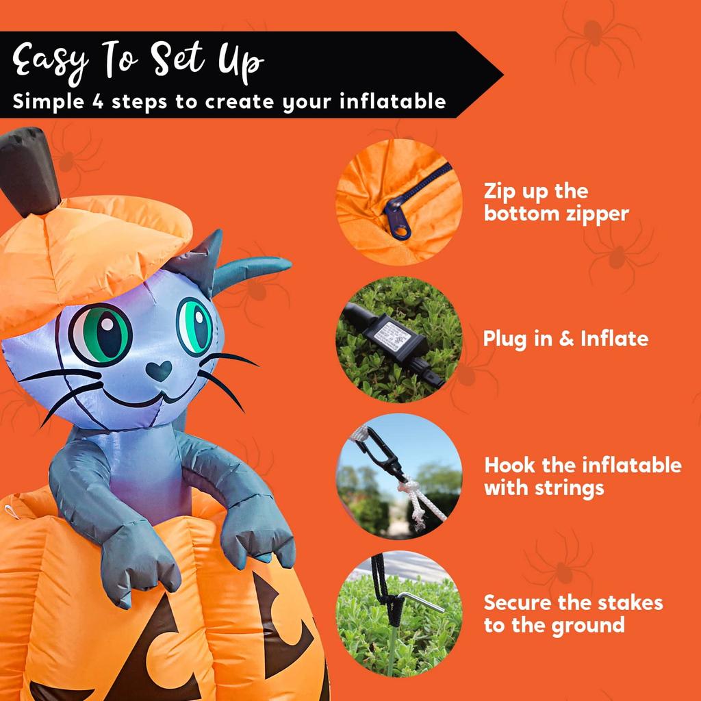 Joyfy 5 Ft Animated Kitty Cat Halloween Inflatable On Pumpkin Outdoor Decoration Halloween Blow Up Yard Lawn Inflatables