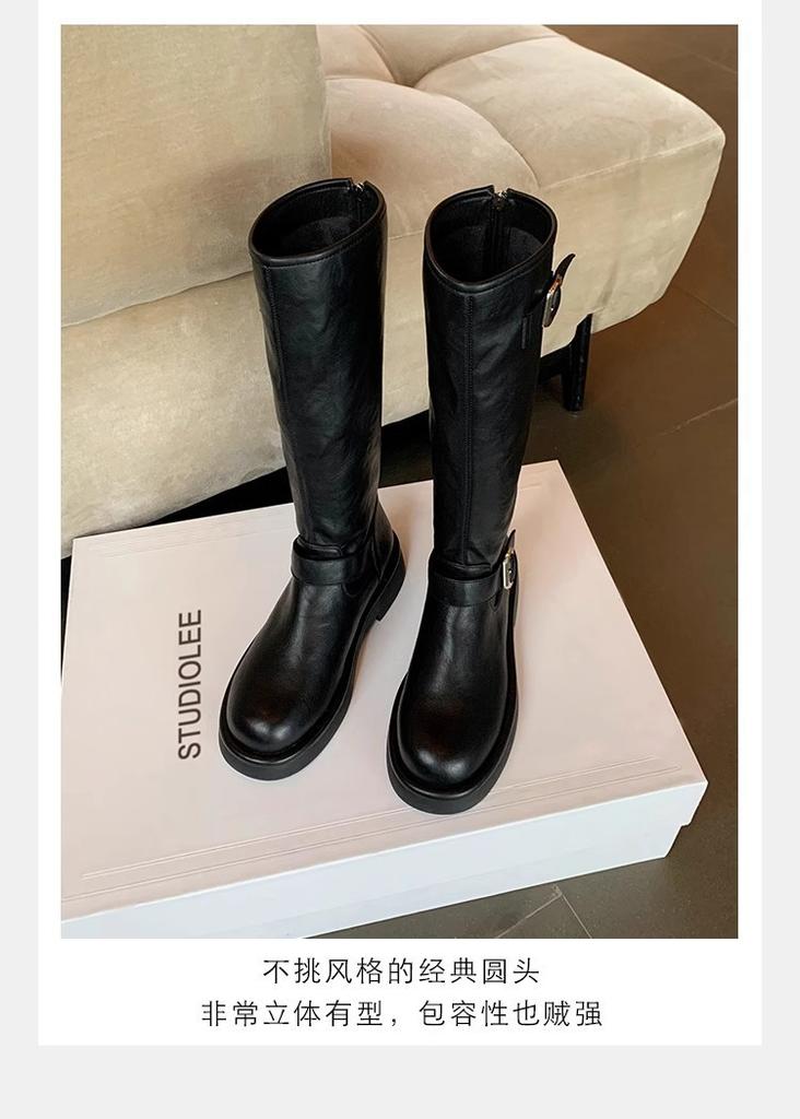 Cowhide version, autumn and winter round head buckle with thick heel but knee back zipper medium-high knight boots women's leather
