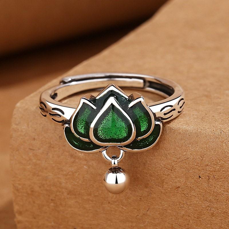 Adjustable Open Ring Women Men Vintage Floral Lotus Design Enamel Copper Jewelry Boho Chic Statement Accessory