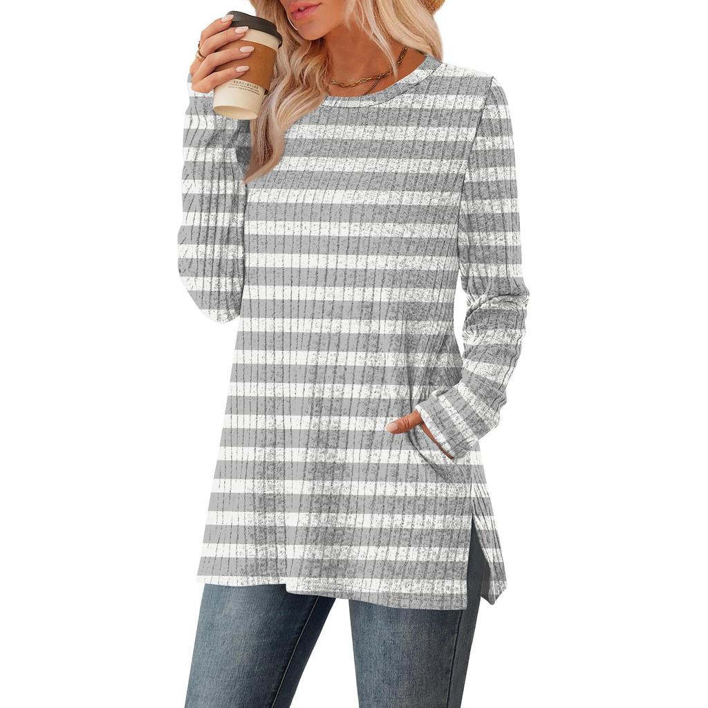 Women's Striped Printed Round-neck Long-sleeved Top With Pockets And Side Slits