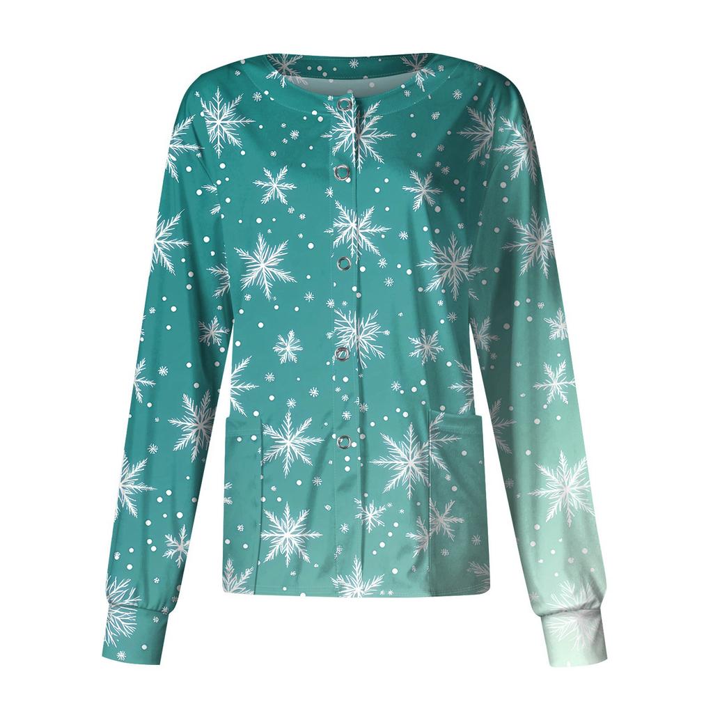 Women's Casual Long-sleeved Single-breasted Christmas Printed Protective Clothing Cardigan Top