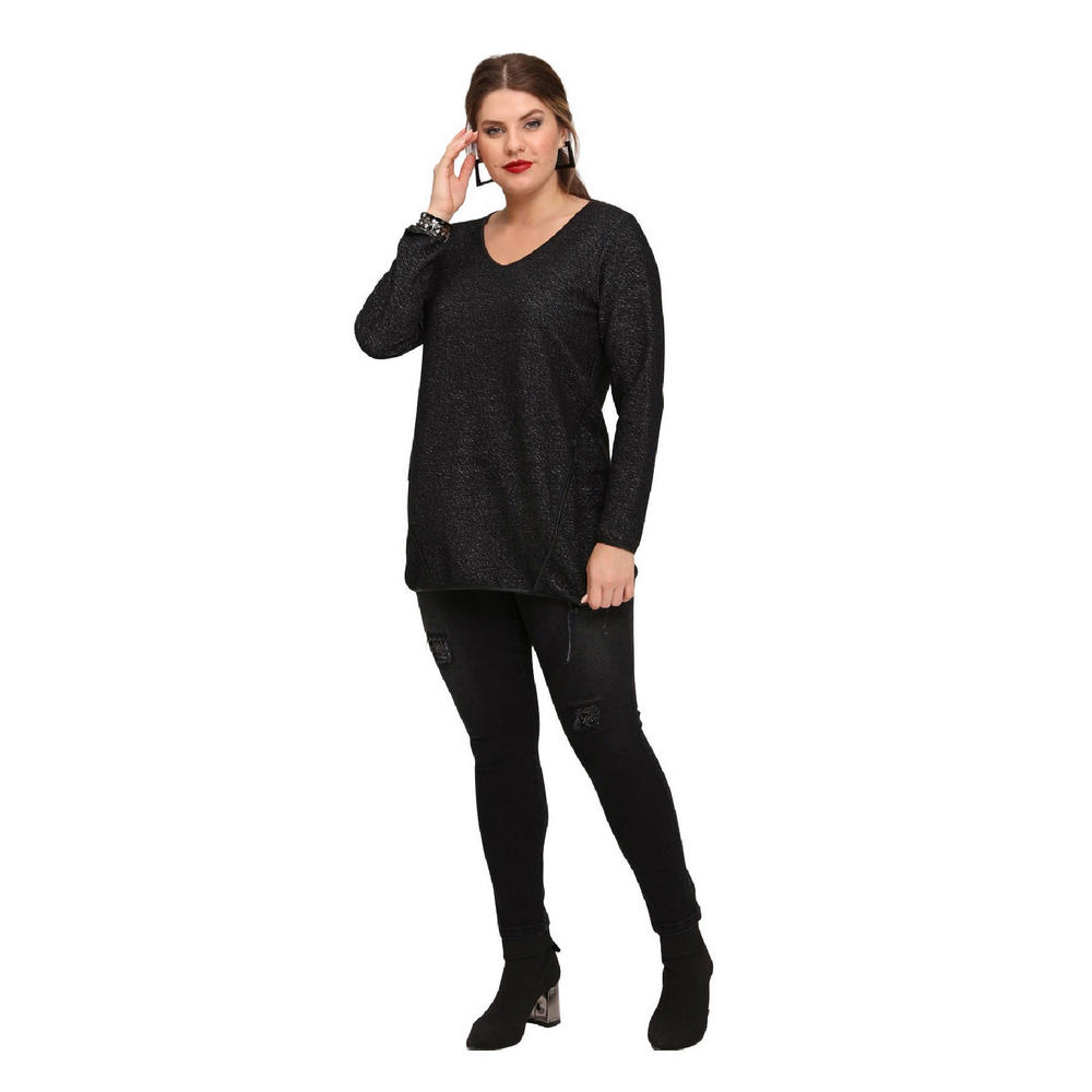 Fierte Женская блузка большого размера Lm43210 с v-образным вырезом, потайным карманом на молнии и длинным рукавом, черная