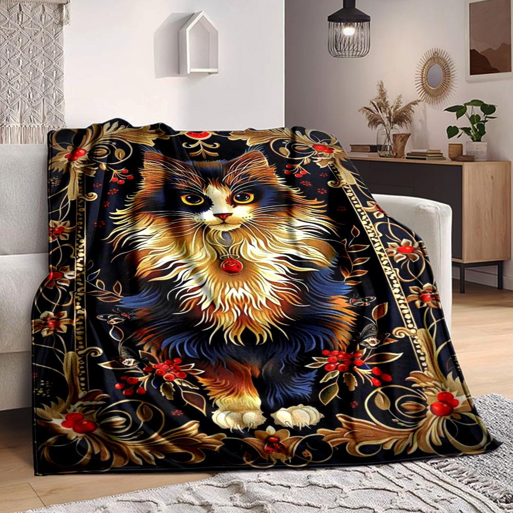 1pc Elegant Cat Tapestry Blanket Lightweight Flannel Blanket Throw Blanket For Sofa, Bed, Travel, Camping, Livingroom, Couch, Chair, And Bed yy2509026