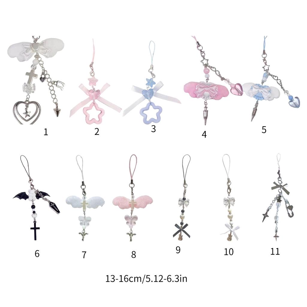 Handmade Angel Wing Phone Pendant Sweet Ribbon Bowknot Keychain Heart Beaded Phone Lanyard Acrylic Keyring Ornament