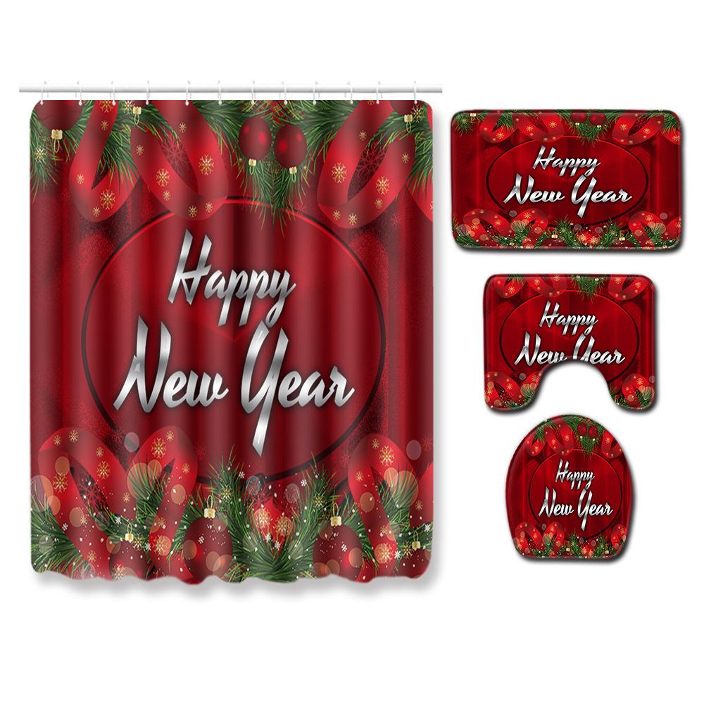 Christmas Waterproof Shower Curtain Four-Piece Floor Mat Combination Bathroom Water-Absorbing Non-Slip Carpet Door Mat Foot Mat
