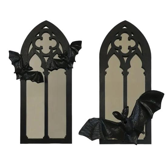 Gothic Cathedral Window Mirror Vintage Baroque Wooden Black Bat Mirror Home Office Living Room Bedroom Bathroom Decorative Wall Mirror