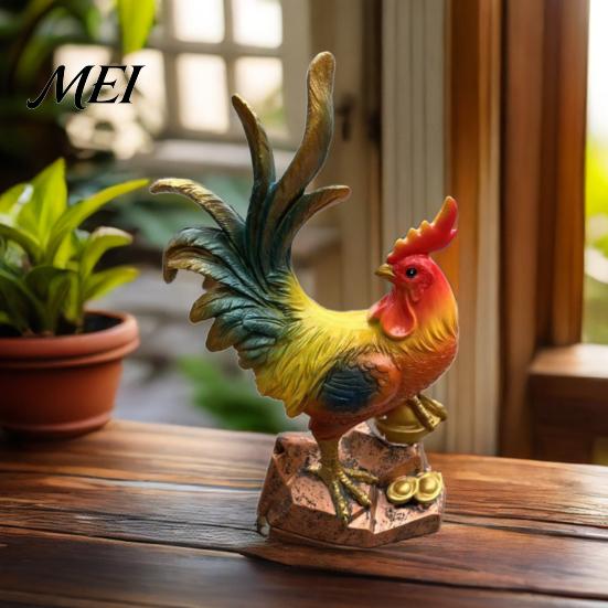 Resin Animal Figurine Rooster Statue, Auspicious Ornament, Farmhouse Chicken Decor Sculpture for Home Indoor Tabletop Garden Courtyard Ornament