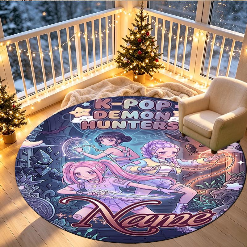 Custom Name Personalized Kpop Demon Hunter Print Round Rug, Versatile Home Decor Carpet, for Playroom, Apartment, Balcony, Entryway, Hallway Gift