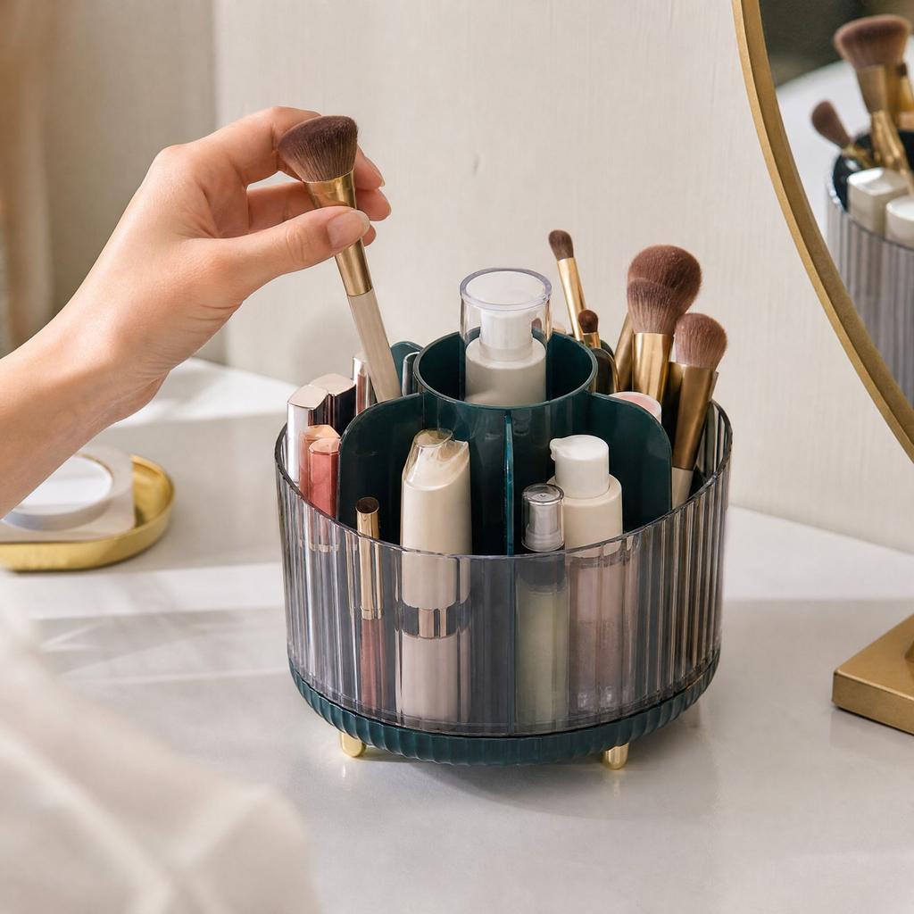 Rotating Makeup with Divided Compartments, Desktop Storage Box for Cosmetics and Accessories, No Lid