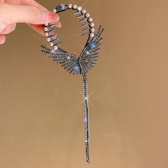 Lady Ponytail Claw Wings Shape Shiny Rhinestone Faux Pearl Long Tassel Multi Teeth Stainless Hair Decoration Lightweight Bridal Hair Bun Hair