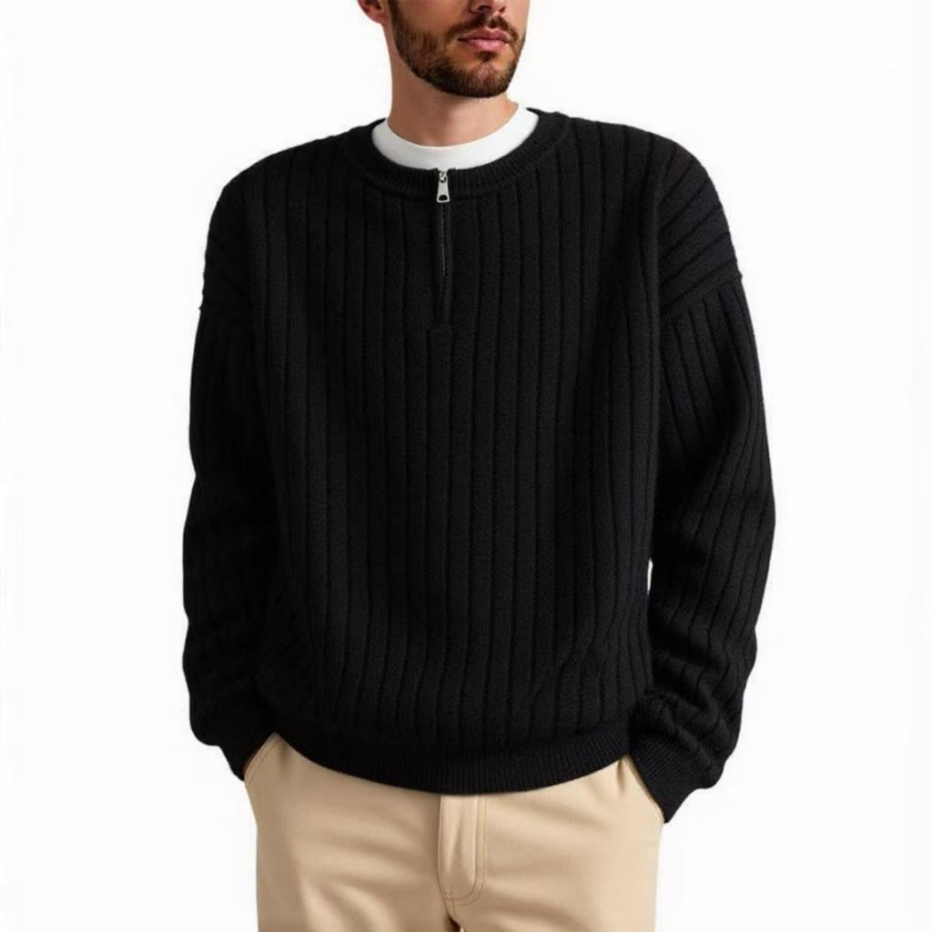 Men's Casual Solid Color Semi-zipper Round-neck Sweater, Men's Loose Line Texture Pullover Knitted Sweater