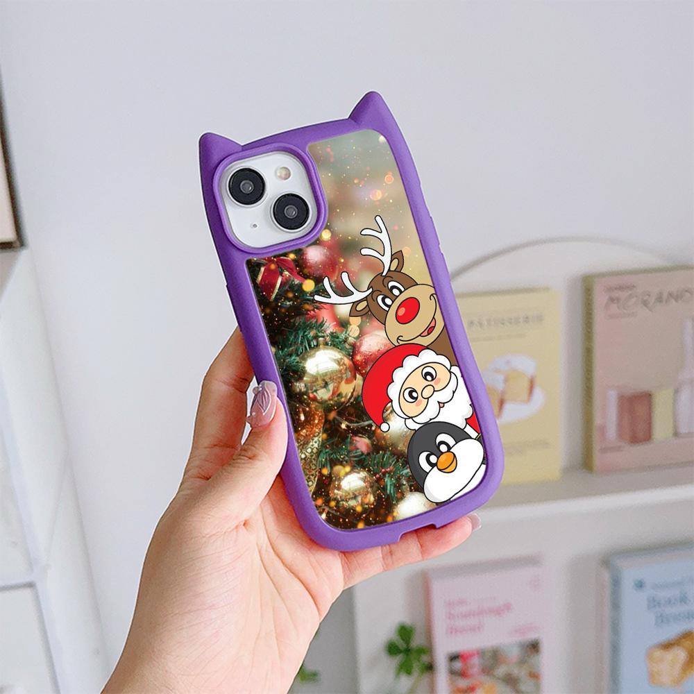 Мягкий чехол для телефона с кошачьими ушками для iPhone 16 15 14 13 12 11 Pro Max, устойчивый к падениям, прозрачный акриловый чехол NY33, рождественская елка с изображением Санта-Клауса