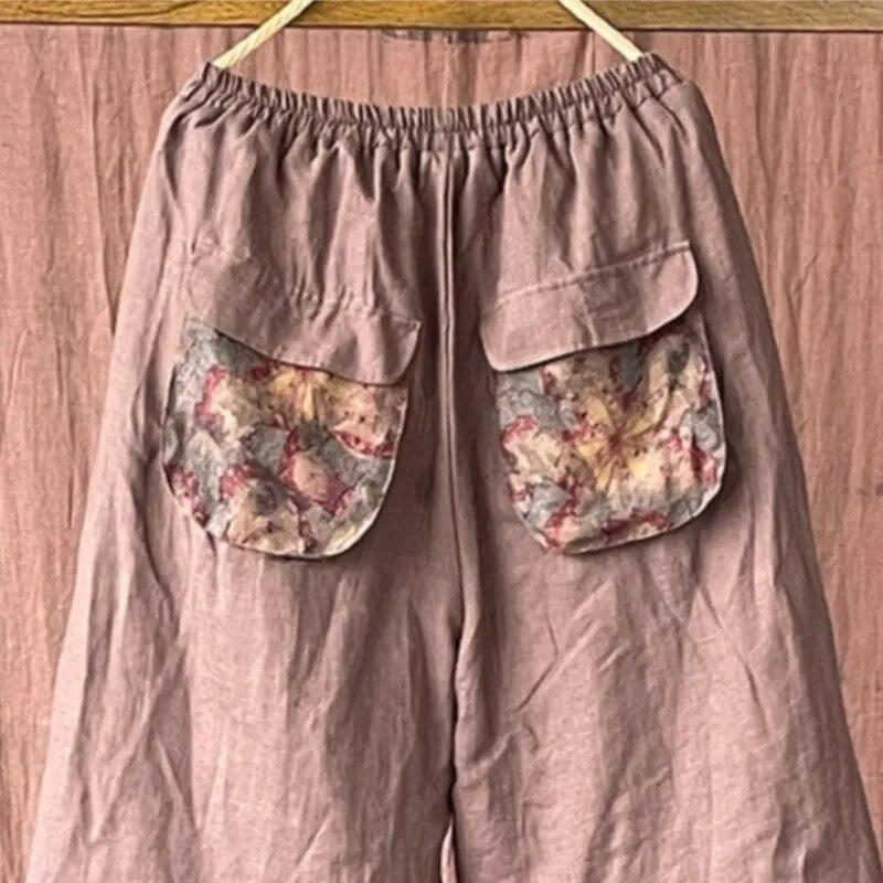 Johnature Женские винтажные льняные широкие брюки с эластичной резинкой на талии и лоскутными карманами, осенние однотонные женские брюки длиной до икры