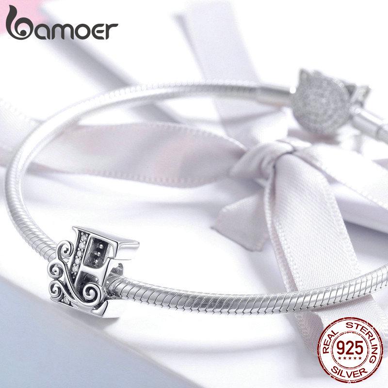 BAMOER Натуральное серебро 925 пробы Буква E Алфавитные бусины Подвески подходят для браслетов и браслетов DIY