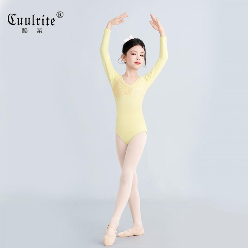 Girls Long Sleeve Lace Leotard Ballet Chinese Dance Kids Practice Outfit Sweet Princess Style