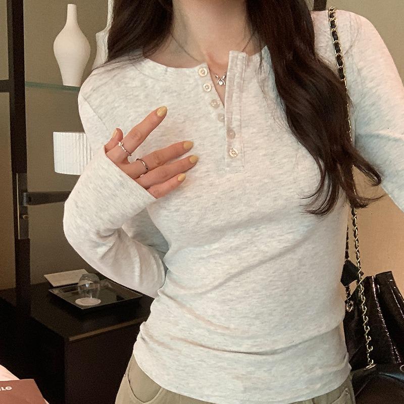 Half-open Neck Button Front Shoulder T-shirt Women's Bottoming Shirt Spring Slim-fit Spice Girl Style Versatile Long-sleeved Inner Top
