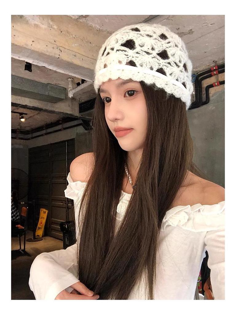 Женская дышащая вязаная крючком ажурная шапочка в корейском стиле - летняя, тонкая и универсальная