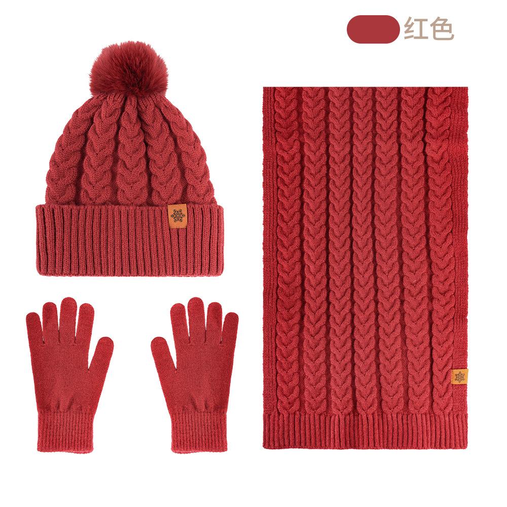 Winter knitted hat scarf gloves three-piece set double-layer piled thickened warm wool knitted hat wheat ears
