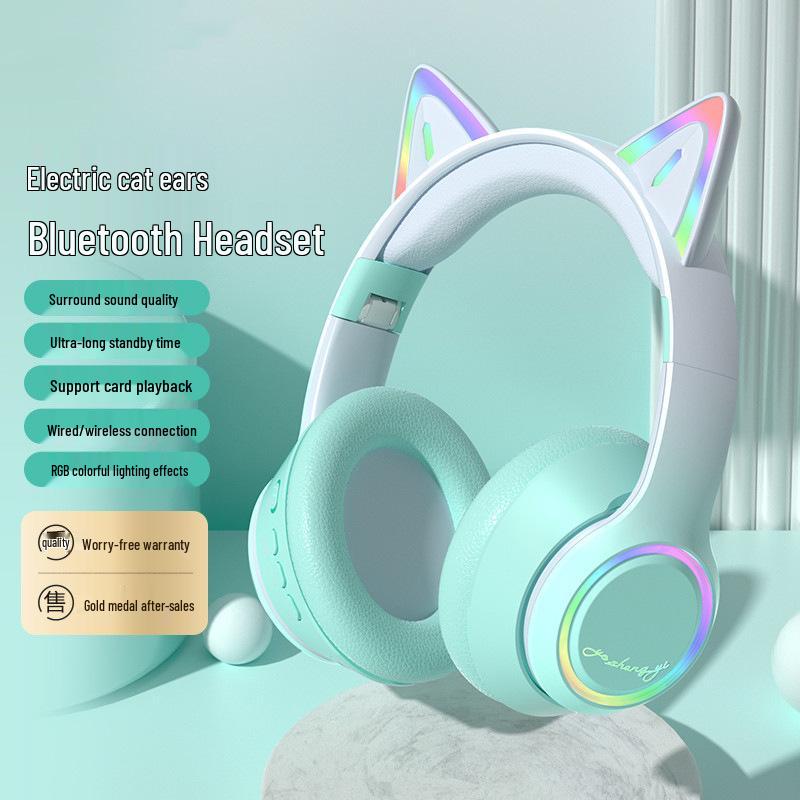 Светящиеся Bluetooth 5.3 Наушники с Кошачьими Ушками и Слотом для Карты для Игр и Онлайн-Занятий