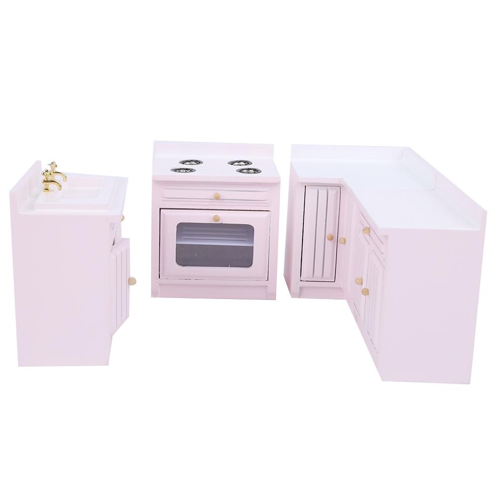 1 : 12 Mini Wooden Dollhouse Integral Kitchen Furniture Miniature Handcraft House PinkKitchen Unit