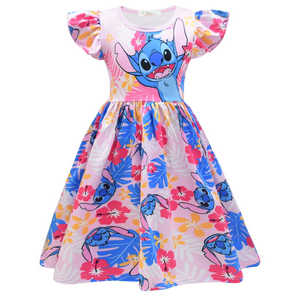 Lilo And Stitch Girl Dress With Puffy Sleeves Summer Cotton Polyester For Ages 3 To 8