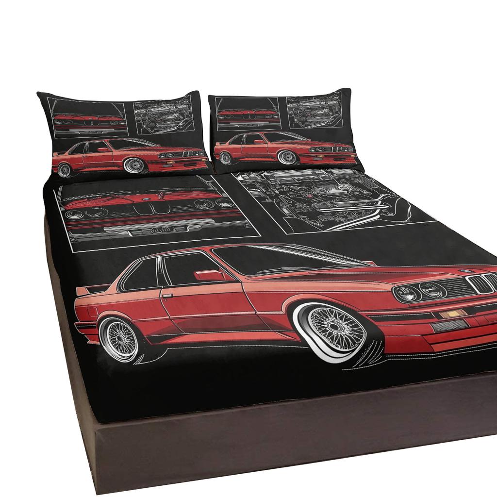 Red Car Pattern 3-Piece Bed Set For Resumption Of Work, With Two Pillowcases, Suitable For Living Room And Bedroom Fun, Classic