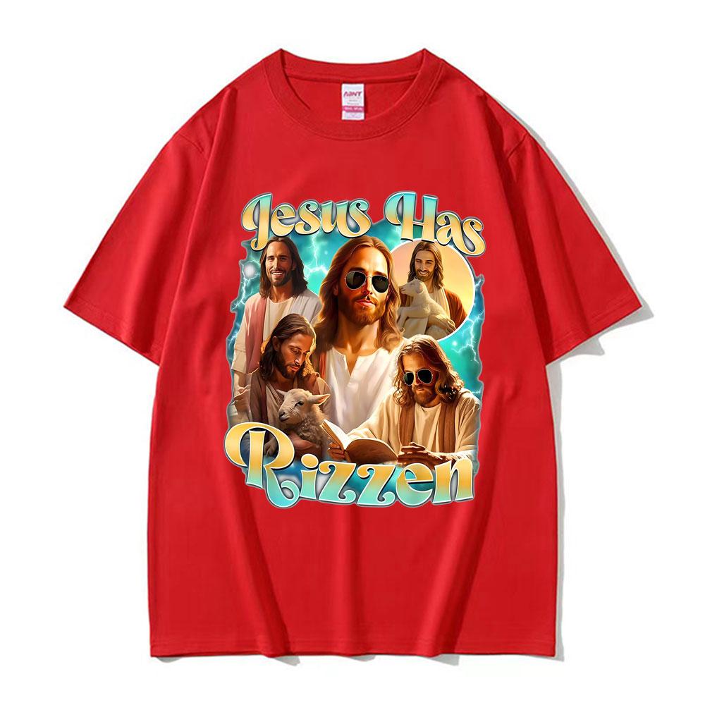 Jesus Has Rizzen He Ls Rizzin Funny Christian Religious Tee Shirt Men Women Summer Tshirt Vintage Oversized T Shirt Streetwear