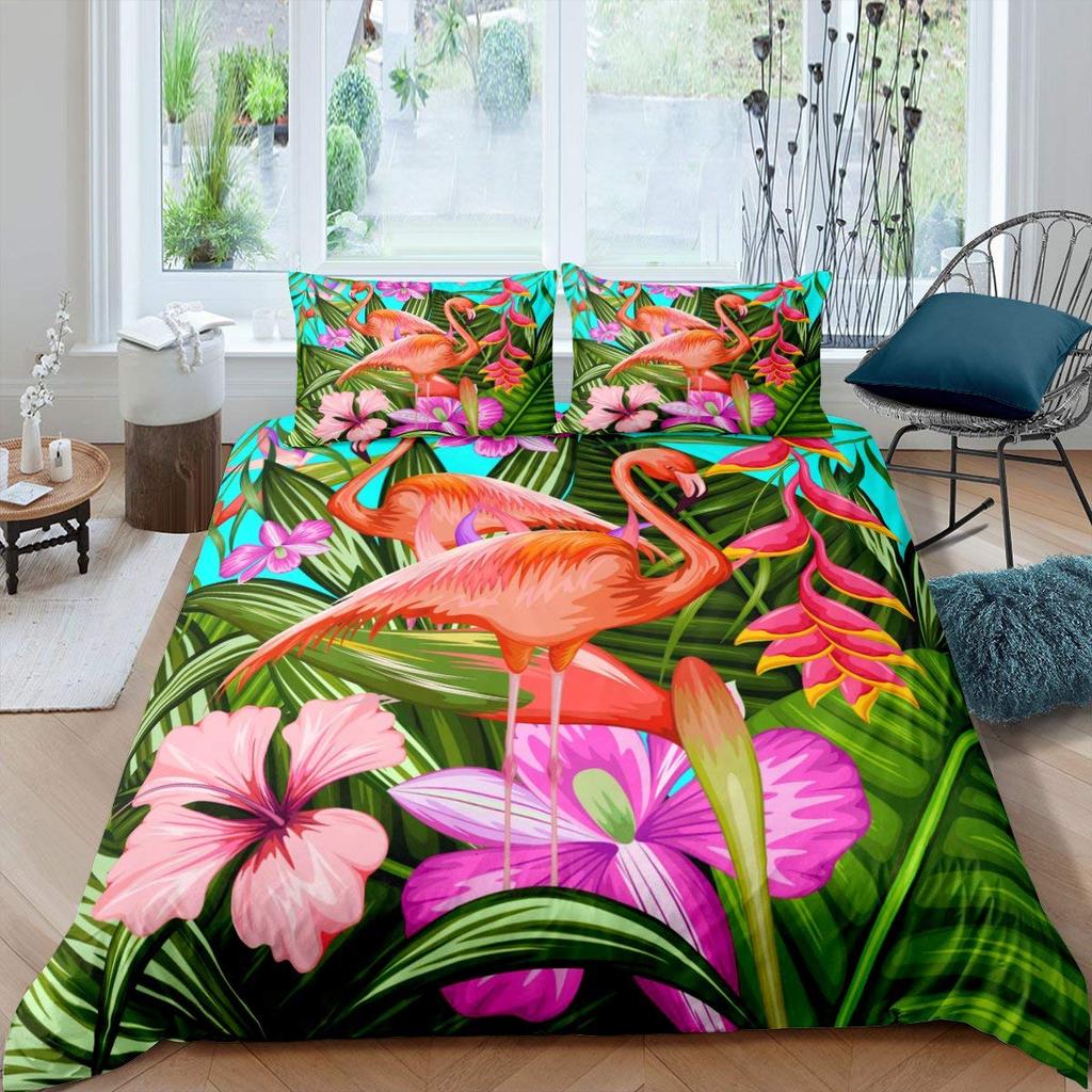 Комплект пододеяльника «Фламинго» Тропические листья Покрывало с рисунком пальм Постельный комплект Красочный полиэстеровый пододеяльник для детей