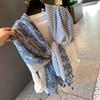 Women's Blue Feather Tassel Gauze Scarf - Korean Style, Versatile, Thin, Cotton-Linen Beach Shawl