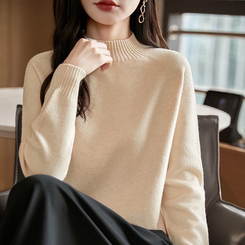 Женский очень толстый бесшовный вязаный свитер - Цельный, с полувысоким воротником, длинным рукавом, свободного кроя, облегающий базовый слой, дизайн 2025