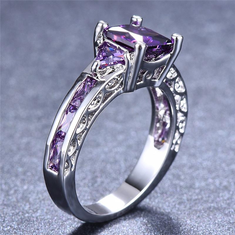 Fashion Women Zinc Alloy Princess Cut Purple Glass Wedding Ring Party Jewelry Gifts Size 5 6 7 8 9 10 11 ARI