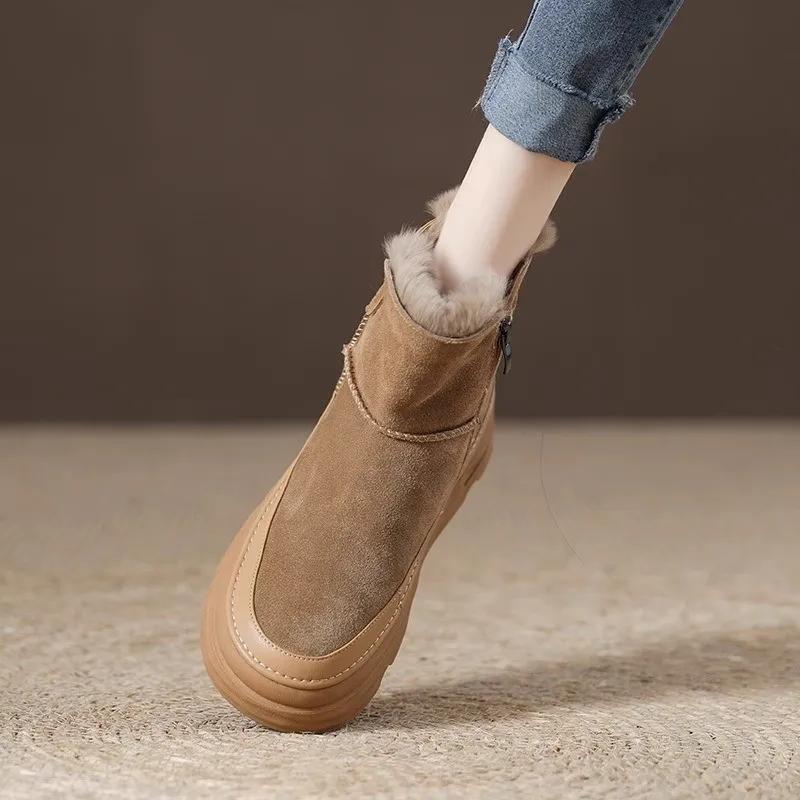 2024 Лидер продаж зимних женских хлопковых зимних ботинок с флисом и толстой подошвой из меха и матовой кожи, теплые женские ботильоны
