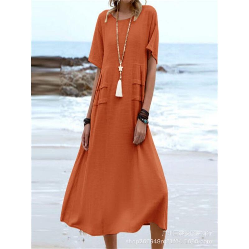 New Women's Cotton Pocket Casual Solid Color Short Sleeved Dress