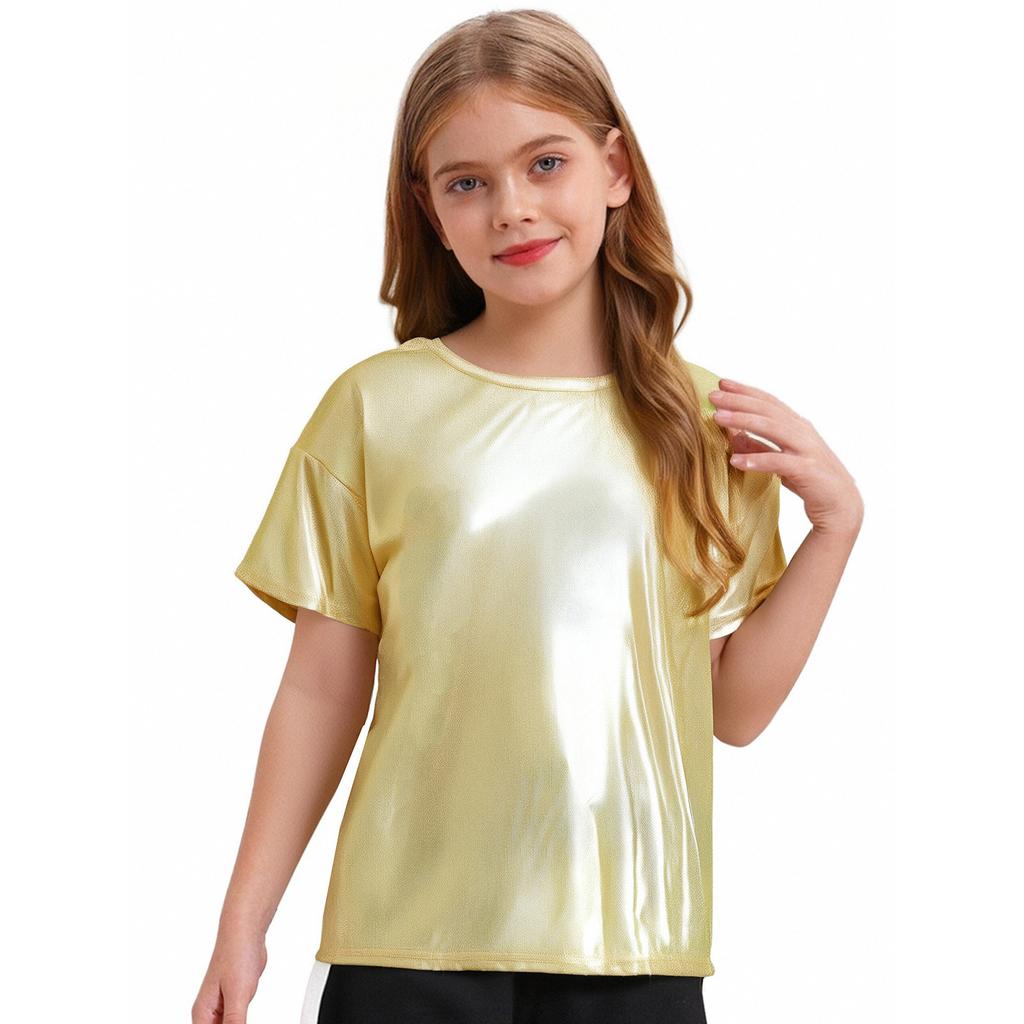 Unisex Kids Metallic Shiny Jazz Dance Top Sparkly T-shirt Performance Wear Boys Girls Dance Class Outfit