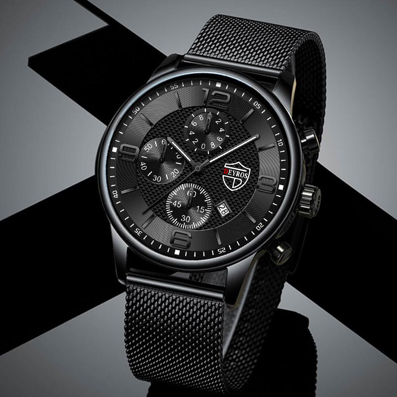 Модные черные мужские часы из нержавеющей стали, кварцевые наручные часы с календарем, роскошные мужские часы с круглым циферблатом, аналоговые часы, браслет, набор