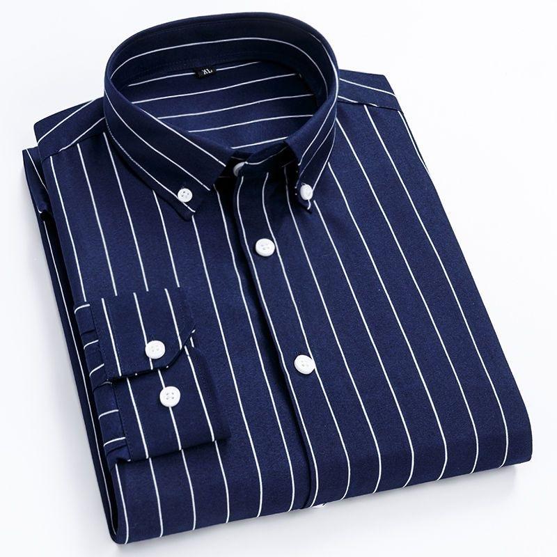 Мужские рубашки в полоску с длинным рукавом в клетку Smart Casual Business Не гладить Корейский приталенный крой Официальная сине-белая