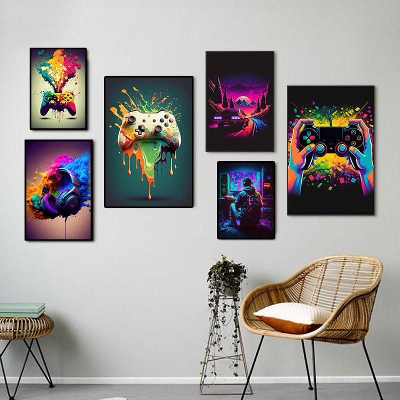 Геймерский контроллер, крутой игровой постер и принты, Spel Kawaii, наушники, красочная картина, настенная живопись, холст, картина, декор для комнаты, подарки