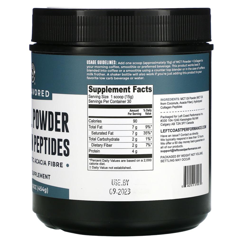 Left Coast Performance, MCT Oil Powder Collagen Peptides with Prebiotic Acacia Fiber, Unflavored, 16 oz (454 g)