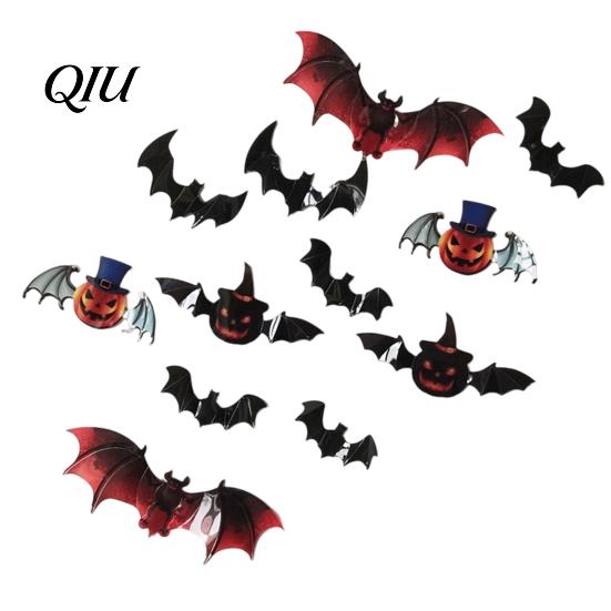 Bright Color Pumpkin Decal 12Pcs Bats Wall Decals, Halloween 3D Bat Stickers for Home Decor, Three-dimensional Decor 4 Size Waterproof Black