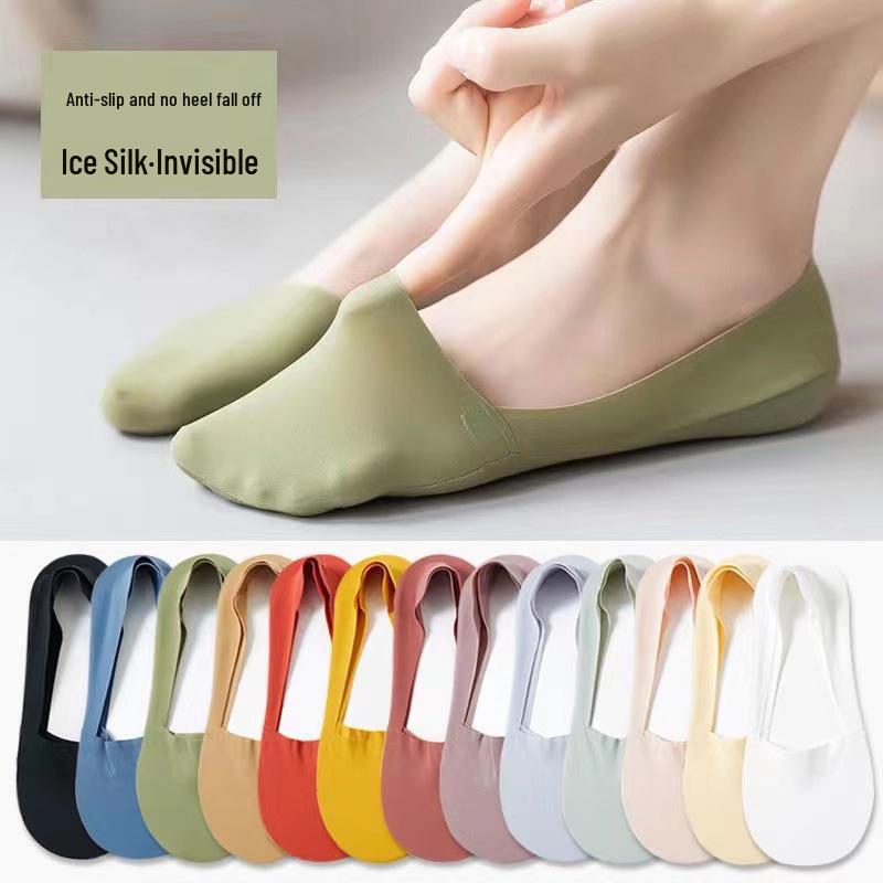 Women's Summer Ice Silk Invisible Socks, Breathable, Antibacterial, Sweat-Absorbent, Odor-Resistant, Non-Slip, Cotton Bottom