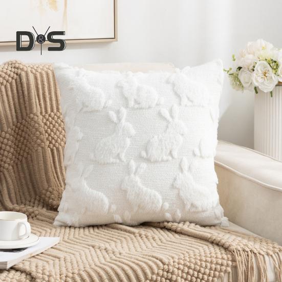 Plush Rabbit Pillow Cover 18 X 18 Inch Throw Pillow Cover Farmhouse Decor Pillow Case with Invisible Zipper for Sofa Bed Car Spring Decoration