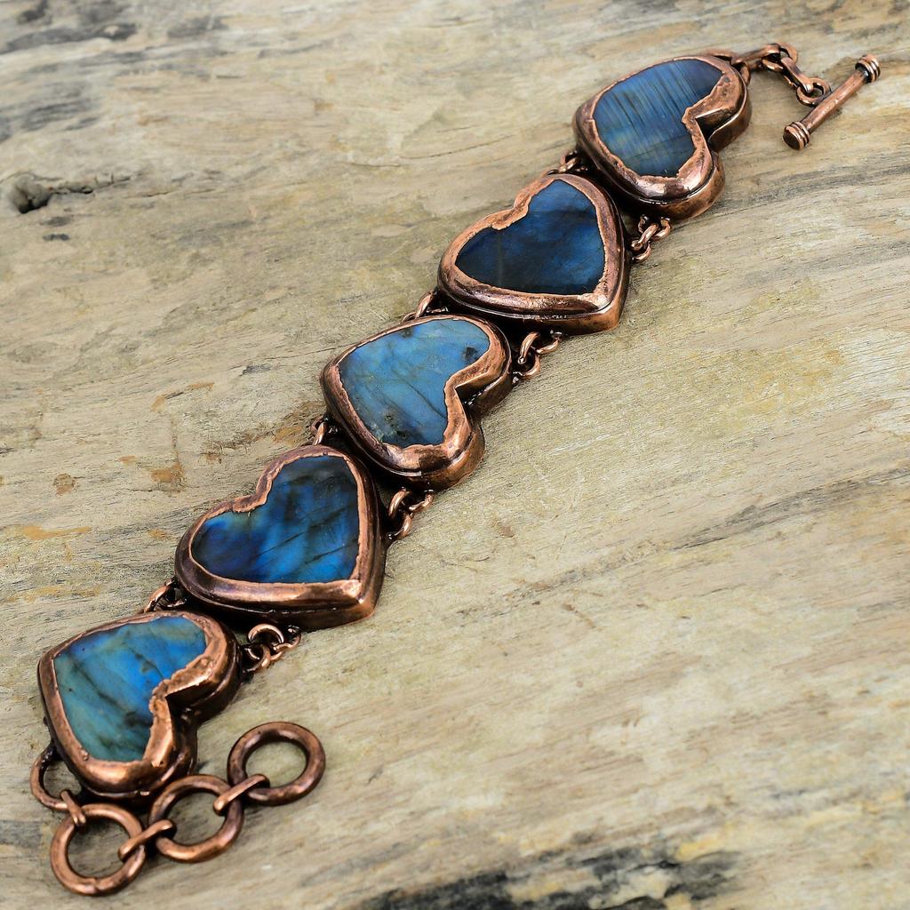 Браслет из лабрадорита, браслет из электроформированной меди, браслет с регулируемой цепочкой, браслет ручной работы с сердцем, ювелирные изделия из меди с драгоценными камнями, подарок на помолвку