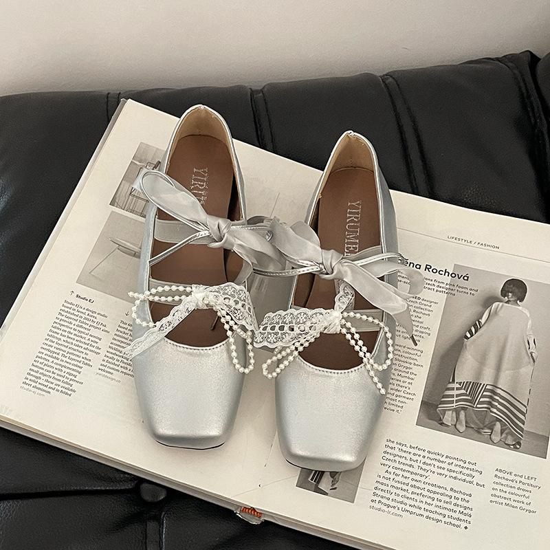 Женские балетки Французские элегантные кружевные туфли Мэри Джейн с бантом Обувь Красивая летняя мода Жемчуг