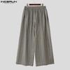 INCERUN Vintage Men Elastic Waist Striped Casual Loose Long Wide Legs Pants