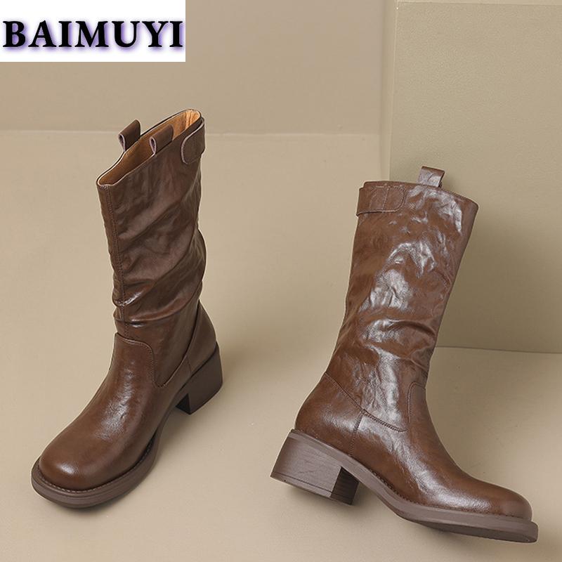 Женские туфли на среднем каблуке, высокие фирменные сапоги до середины голени, тренд 2025 года, дизайнерские повседневные прогулочные ботинки челси, зимние новые туфли-лодочки Mujer Botas