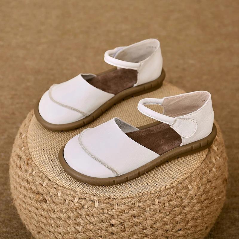 Ретро Ручной работы коричневые Кожаные Сандалии-балетки 2025 Лето Новые Повседневные Универсальные Удобные Мягкая подошва Женская обувь