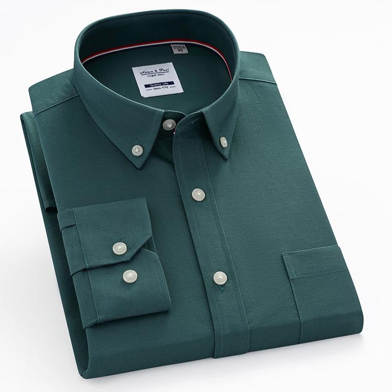 Pure Cotton Men's Solid Shirts Casual Long Sleeve Business Men Shirt Checkered Button Collar with Front Pocket