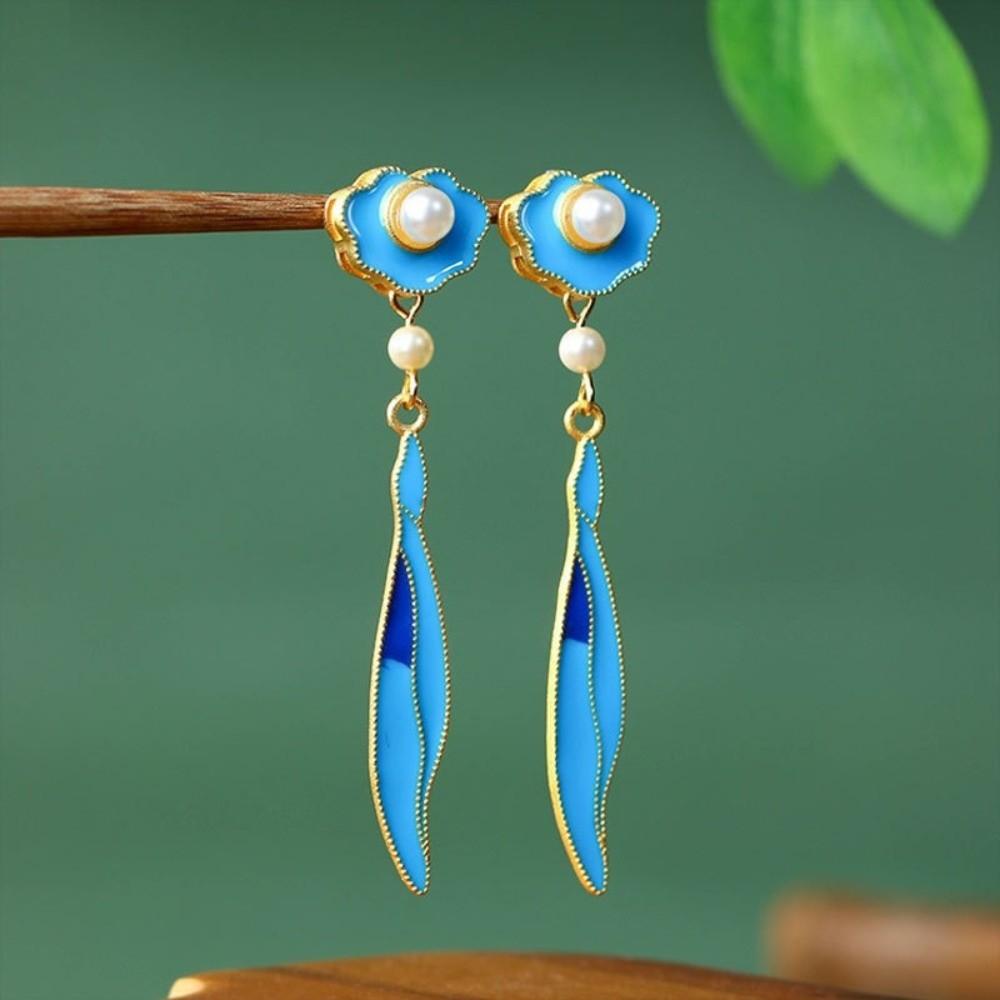 Classical Burning Blue Earrings Tassel Imitation Pearl Butterfly Atmosphere Stud Earrings Cheongsam Accessories