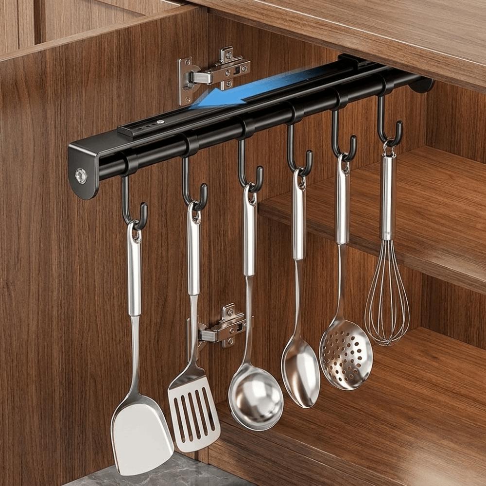 Multi Hooks Under Cabinet Utensil Rack Carbon Steels Retractable Utensil Holder Spatula Spoon