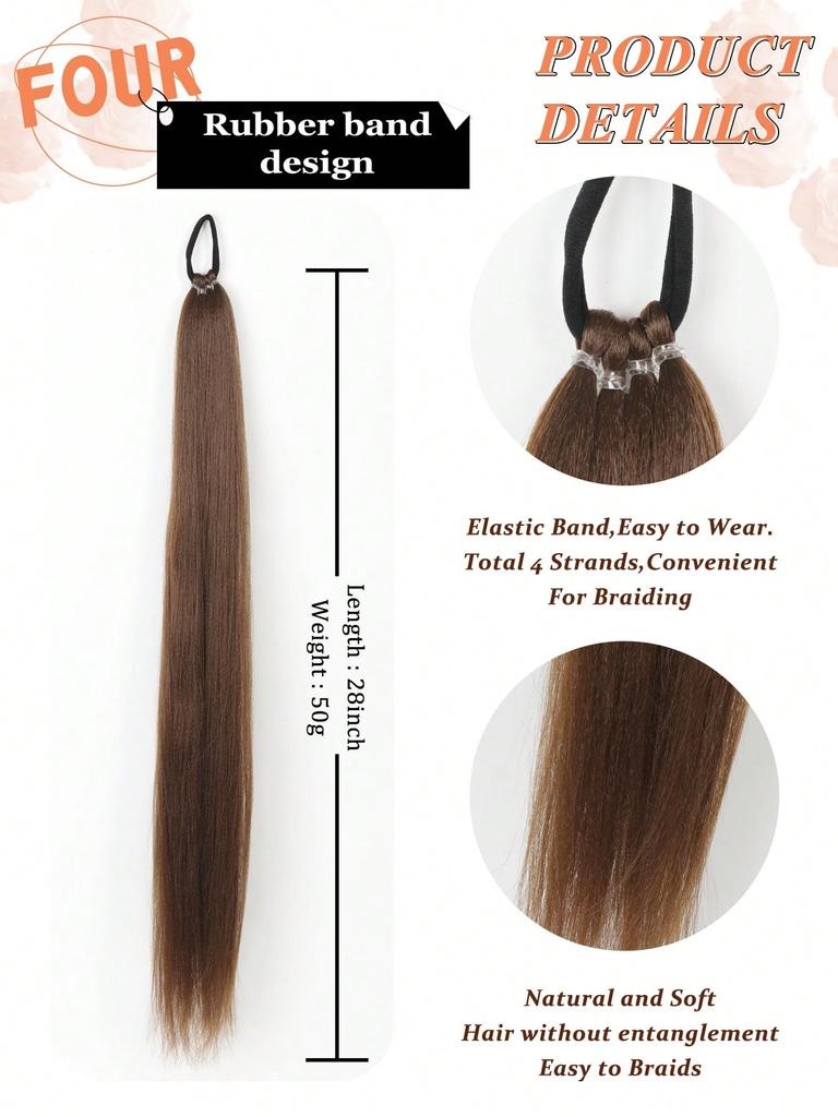 Synthetic 28 Inch Braided Ponytail Extension Long Straight With Rubber Band Braided Ponytail For Women's Daily Use